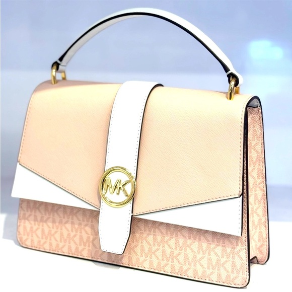 Michael Kors Greenwich Medium Signature Logo Satchel Bag Powder Blush Multi - Picture 1 of 7